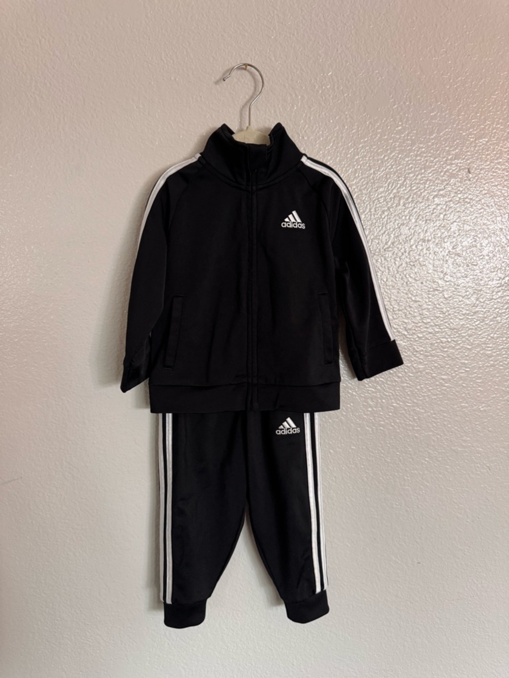 adidas Black Track Jacket and Pants Set with White Stripes